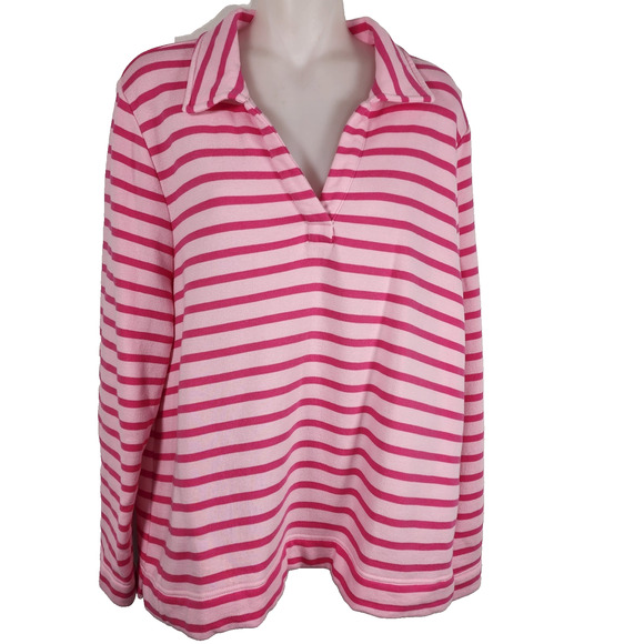 Talbots Petite Womens Johnny Collar Striped Pullover Sweatshirt XLP Pink Polo - Picture 1 of 8